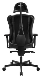 Achterkant van een ergonomische gamingstoel met hoofdsteun en verstelbare armleuningen