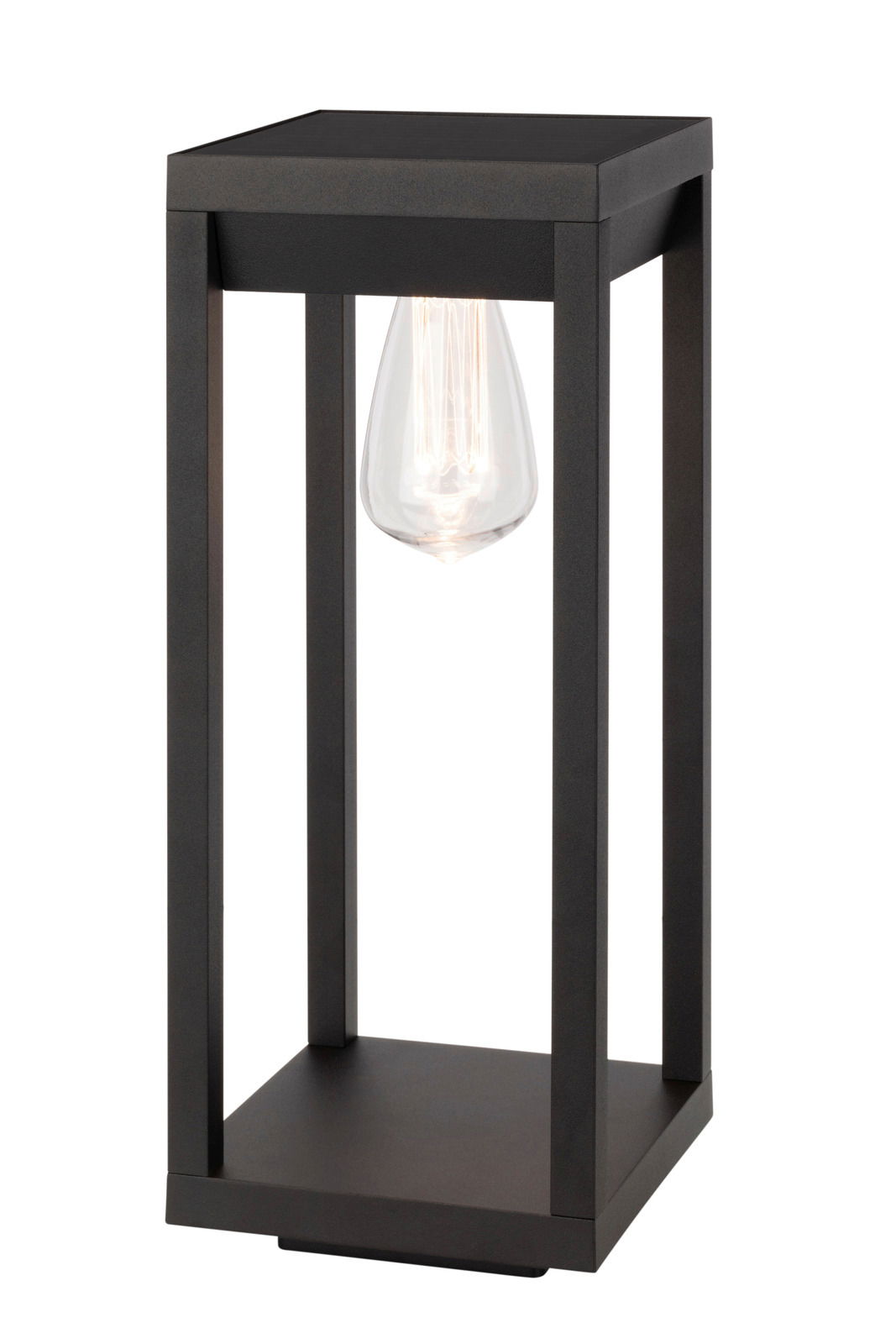 Schwarze Solarleuchte in moderner, rechteckiger Form mit sichtbarer Glühbirne, seitliche Perspektive