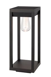 Schwarze Solarleuchte in moderner, rechteckiger Form mit sichtbarer Glühbirne, seitliche Perspektive