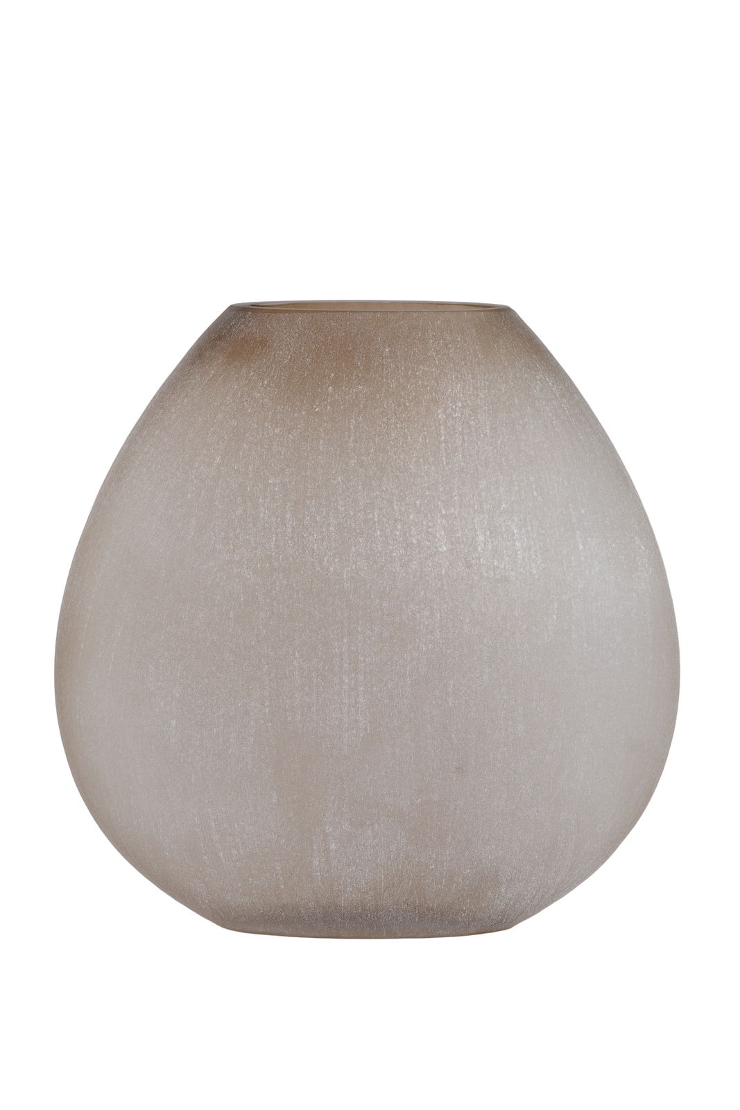 Runde, beige Vase aus Glas mit matter Oberfläche, frontal fotografiert.