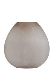 Runde, beige Vase aus Glas mit matter Oberfläche, frontal fotografiert.