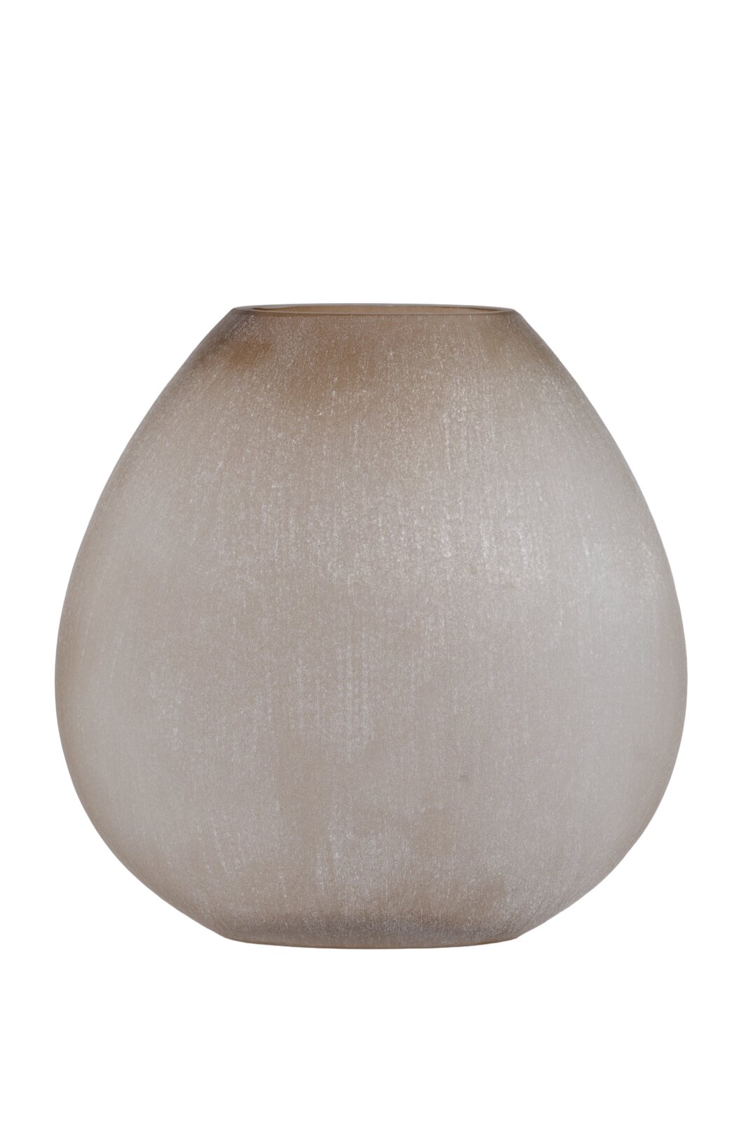 Runde, beige Vase aus Glas mit matter Oberfläche, frontal fotografiert.