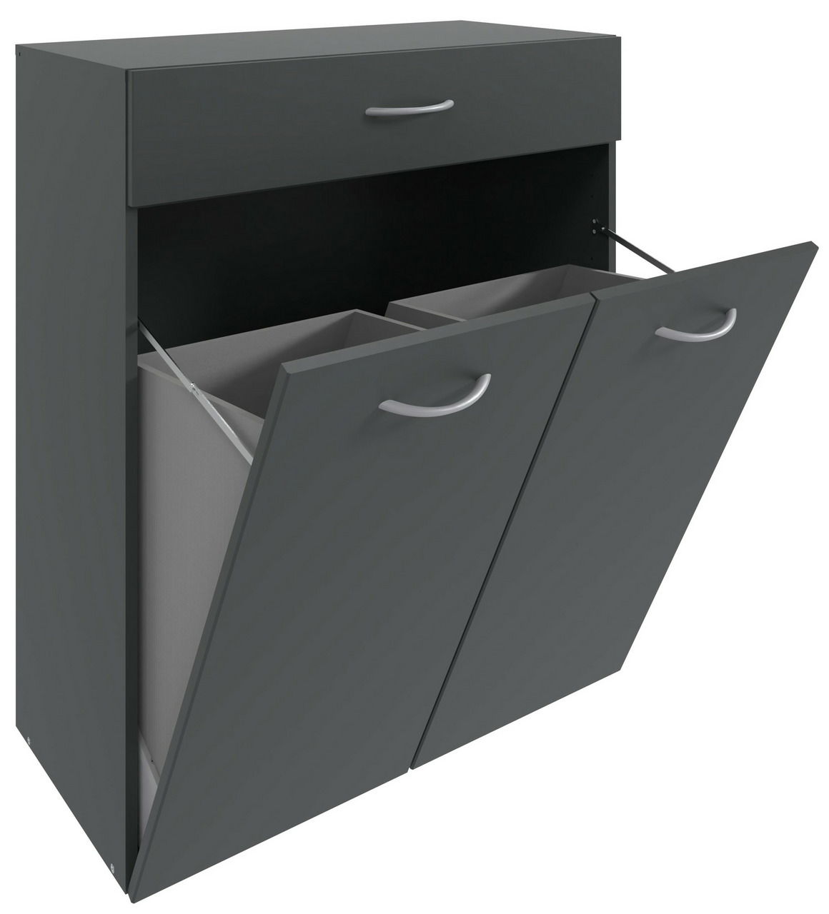 Dunkelgraue Wäschekommode mit einer Schublade oben und zwei ausklappbaren Fächern unten, seitliche Perspektive