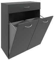 Dunkelgraue Wäschekommode mit einer Schublade oben und zwei ausklappbaren Fächern unten, seitliche Perspektive