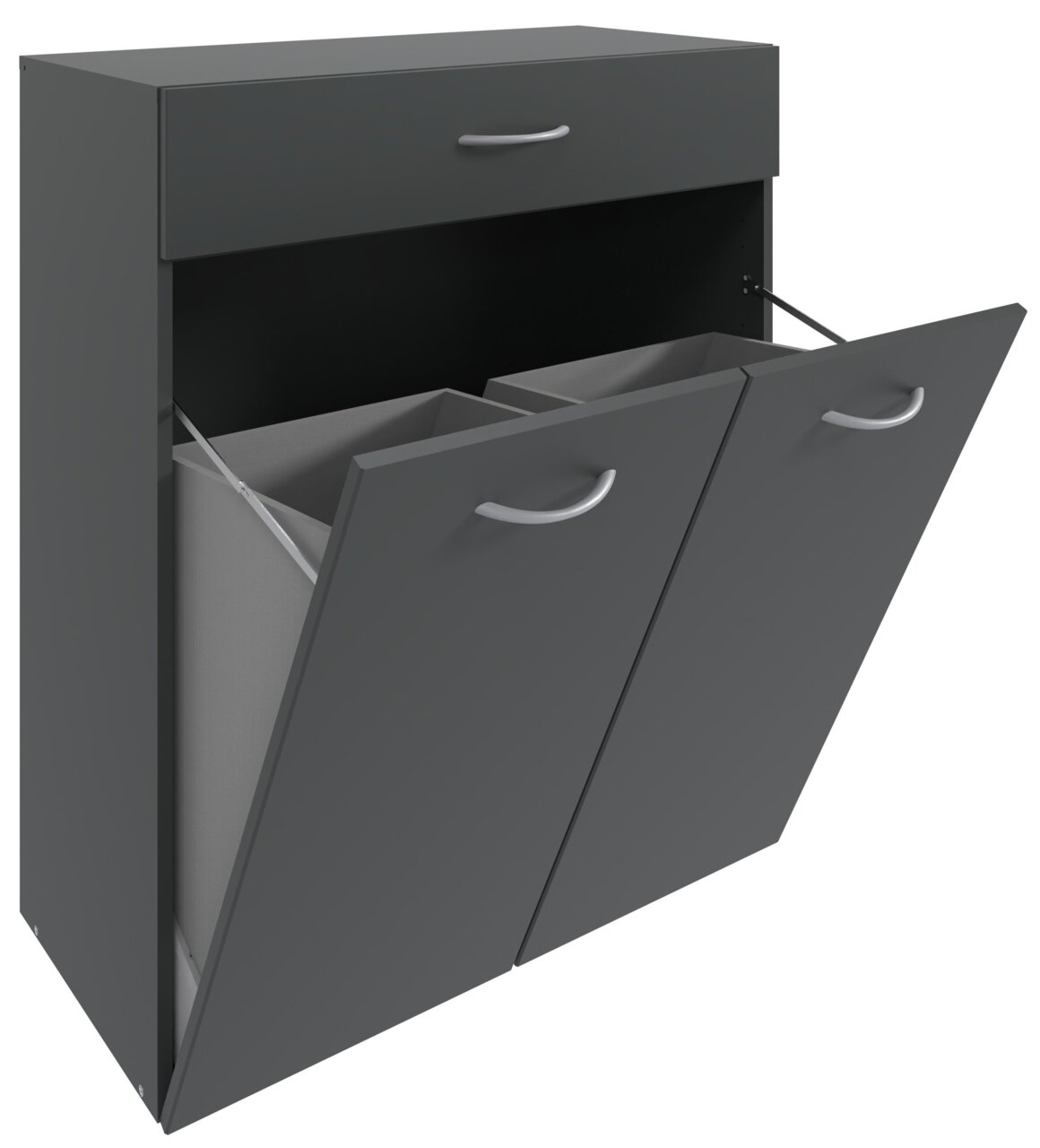 Dunkelgraue Wäschekommode mit einer Schublade oben und zwei ausklappbaren Fächern unten, seitliche Perspektive