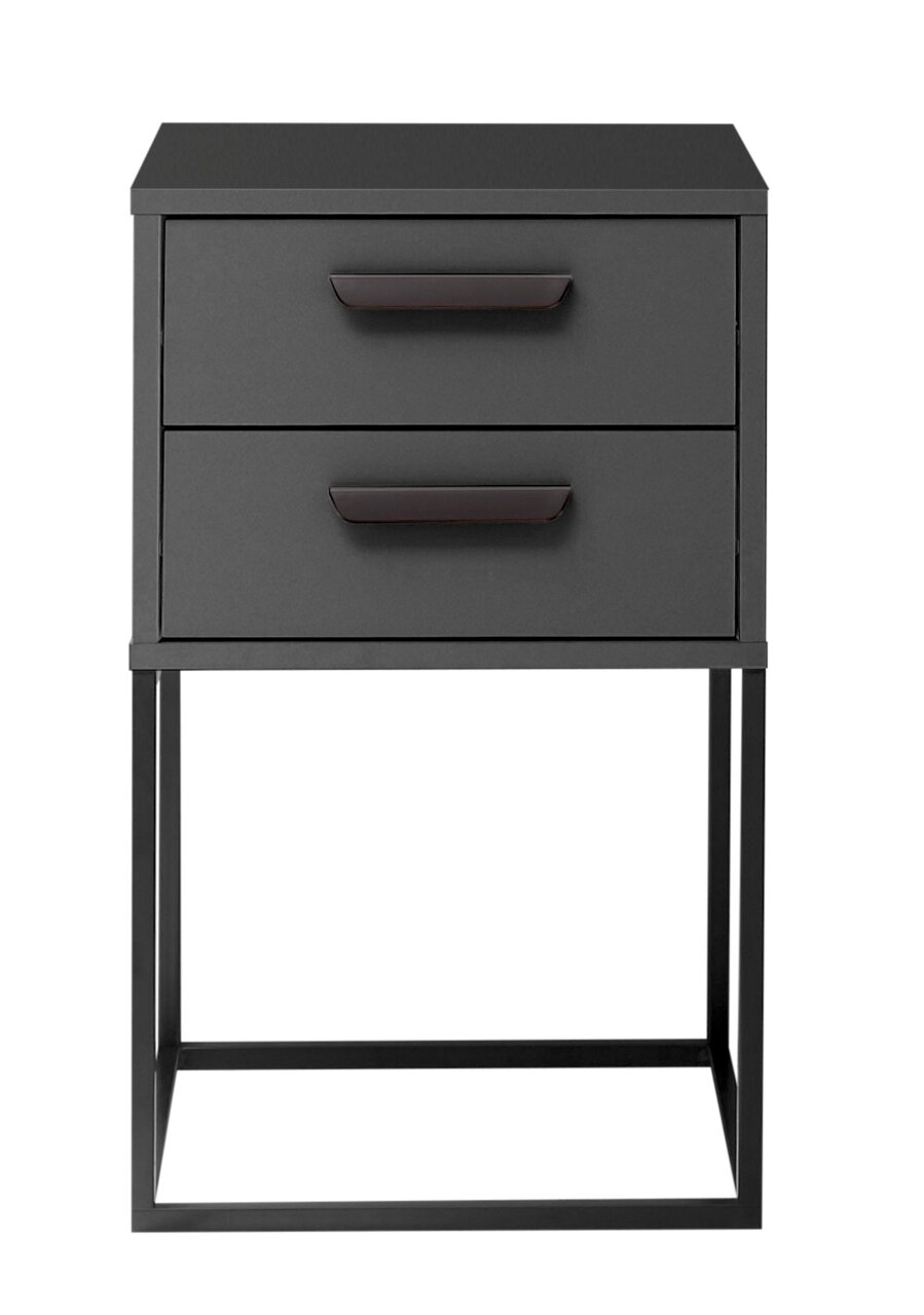 Moderne Nachtkommode mit zwei Schubladen in dunklem Design, frontal abgebildet.