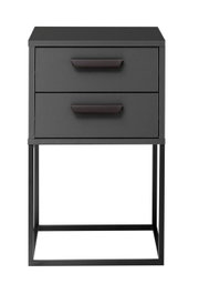 Moderne Nachtkommode mit zwei Schubladen in dunklem Design, frontal abgebildet.