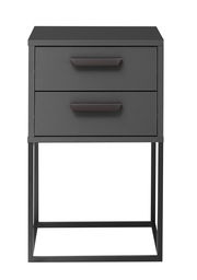 Moderne Nachtkommode mit zwei Schubladen in dunklem Design, frontal abgebildet.