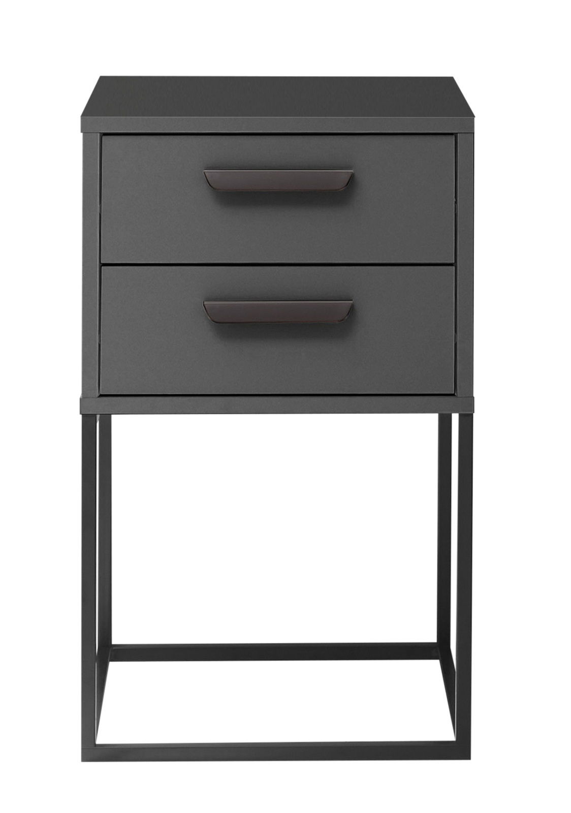 Moderne Nachtkommode mit zwei Schubladen in dunklem Design, frontal abgebildet.