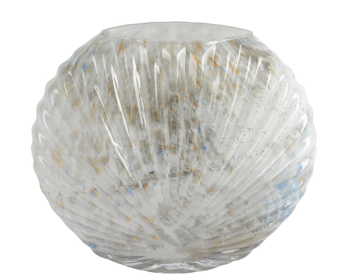 Kugelförmige Vase mit geriffelter Oberfläche und marmoriertem Muster in Blau- und Brauntönen, frontal betrachtet.