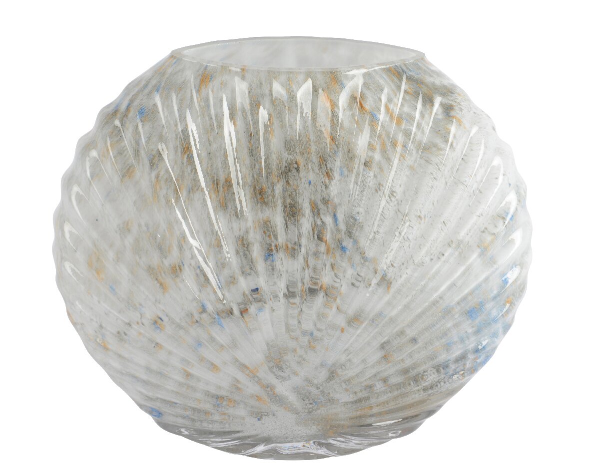 Decoris Vase Sea Kugelförmige Vase mit geriffelter Oberfläche und marmoriertem Muster in Blau- und Brauntönen, frontal betrachtet.