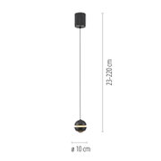 Schwarze Pendelleuchte mit kugelförmigem Lampenschirm und langem Kabel, Maße: Ø 10 cm und höhenverstellbar 23–220 cm, frontale Produktansicht auf weißem Hintergrund.