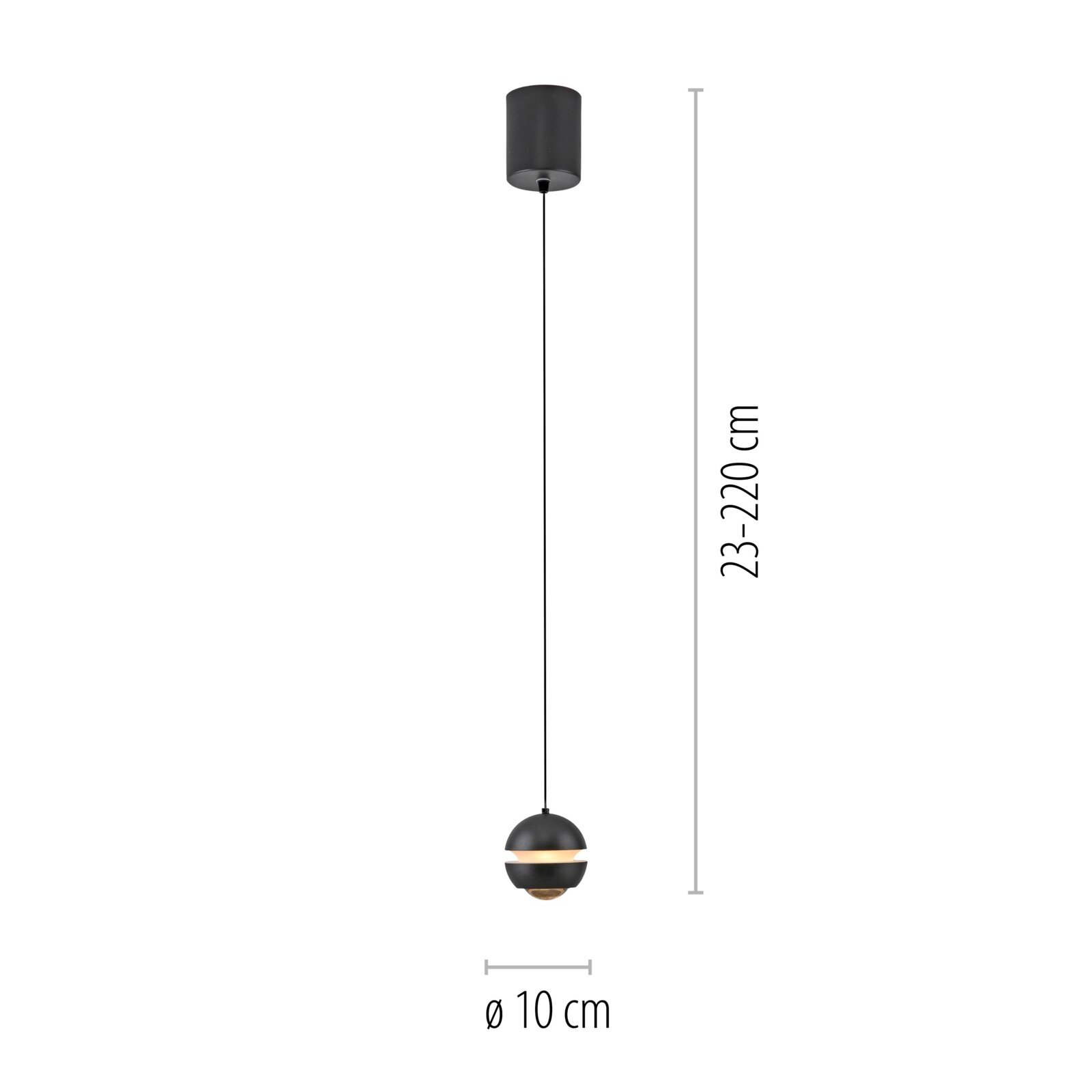 Schwarze Pendelleuchte mit kugelförmigem Lampenschirm und langem Kabel, Maße: Ø 10 cm und höhenverstellbar 23–220 cm, frontale Produktansicht auf weißem Hintergrund.