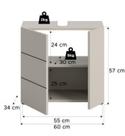 Weißer Badezimmerschrank/Waschtischunterschrank mit zwei geöffneten Türen, Innenfach und Maßangaben (H 57 cm, B 60 cm, T 34 cm), Traglast 2 kg oben und 5 kg im Fach, dargestellt in frontaler Perspektive mit leicht seitlichem Blickwinkel.