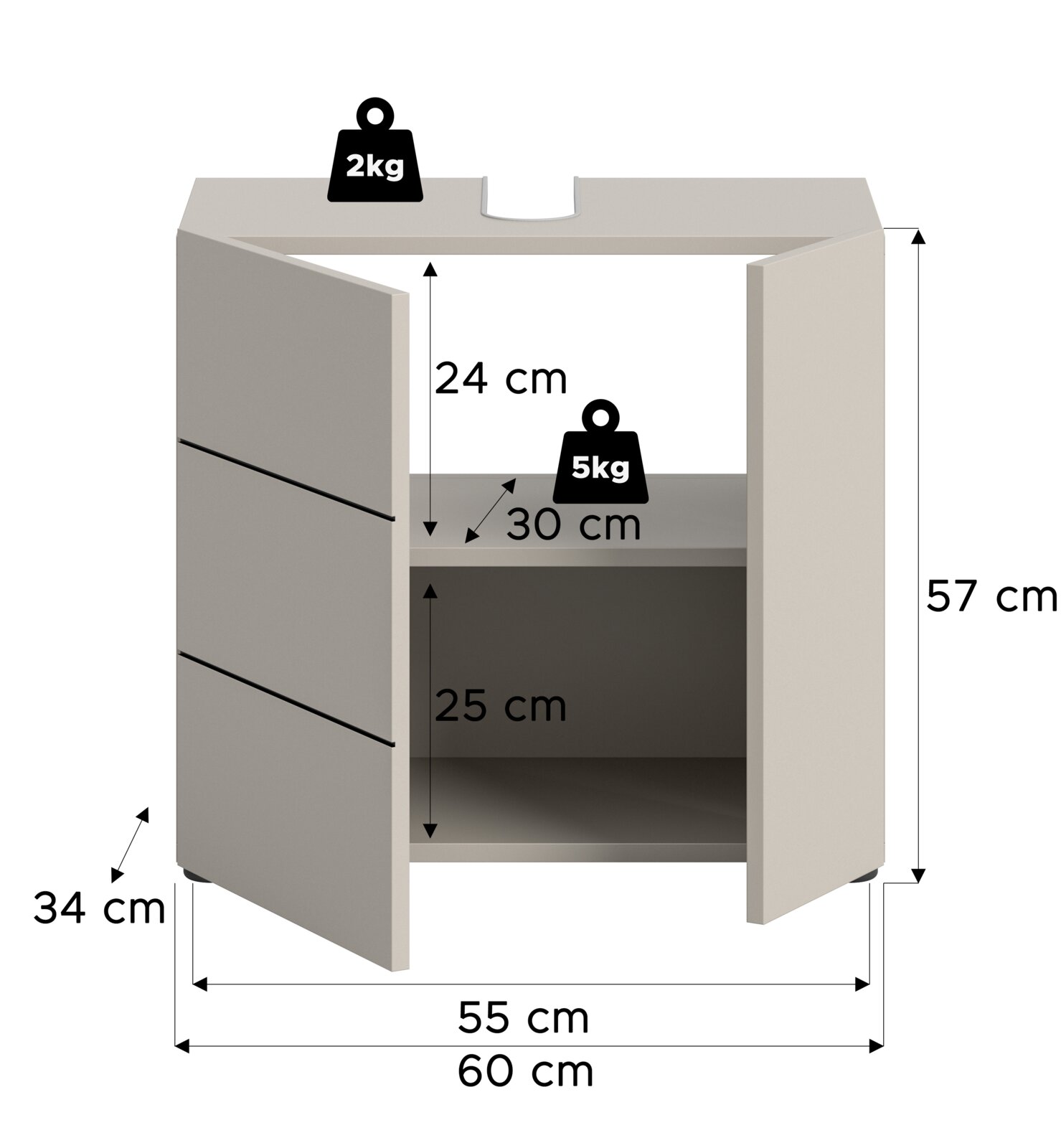 Weißer Badezimmerschrank/Waschtischunterschrank mit zwei geöffneten Türen, Innenfach und Maßangaben (H 57 cm, B 60 cm, T 34 cm), Traglast 2 kg oben und 5 kg im Fach, dargestellt in frontaler Perspektive mit leicht seitlichem Blickwinkel.