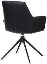 Schwarzer Armlehnstuhl mit modernem Design, Rückansicht, auf einem vierbeinigen Metallgestell.