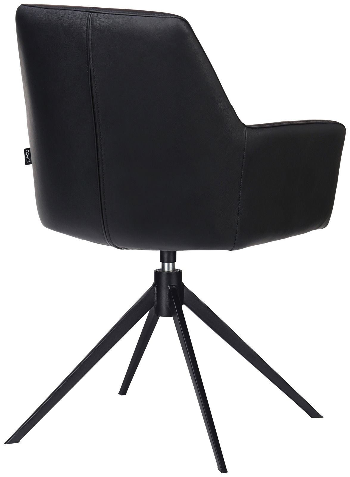 Schwarzer Armlehnstuhl mit modernem Design, Rückansicht, auf einem vierbeinigen Metallgestell.