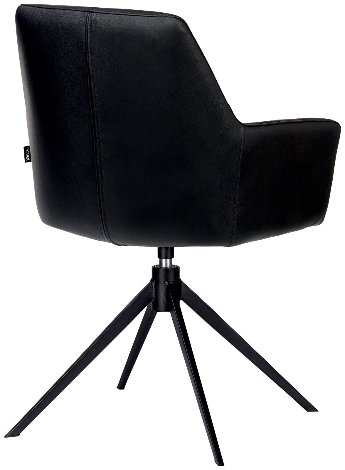 Schwarzer Armlehnstuhl mit modernem Design, Rückansicht, auf einem vierbeinigen Metallgestell.