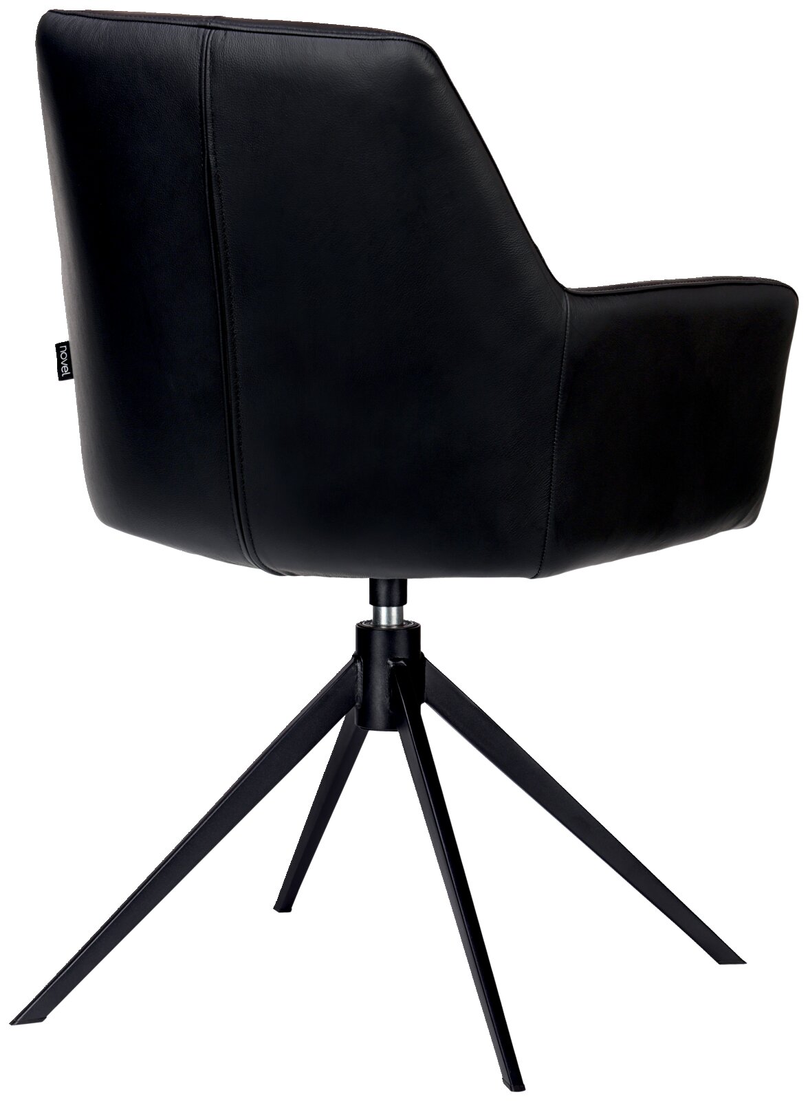Zwarte fauteuil met een modern ontwerp, gezien van achteren, op een metalen onderstel met vier poten.