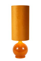 Orangefarbene Stehlampe mit rundem Sockel und zylindrischem Schirm, frontal betrachtet.