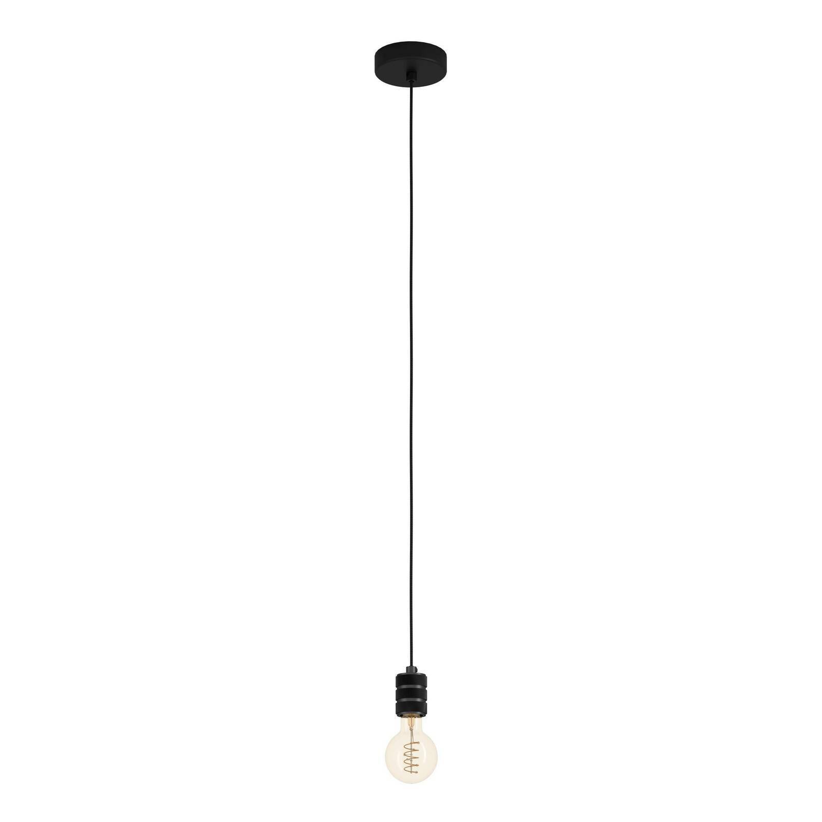 Minimalistische Pendelleuchte YORTH mit schwarzem Kabel und sichtbarer Glühbirne, seitliche Perspektive