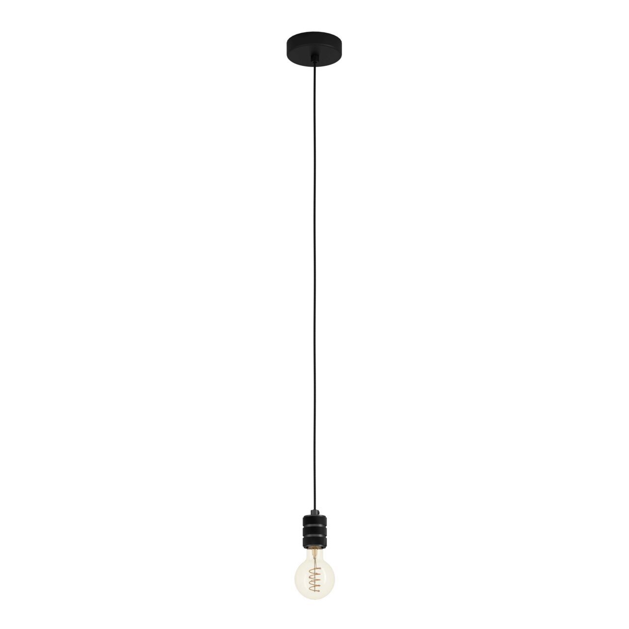 Minimalistische Pendelleuchte YORTH mit schwarzem Kabel und sichtbarer Glühbirne, seitliche Perspektive