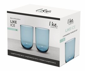 Twee blauwe glazen longdrinkbekers in een verpakking, afgebeeld van voren en van opzij.