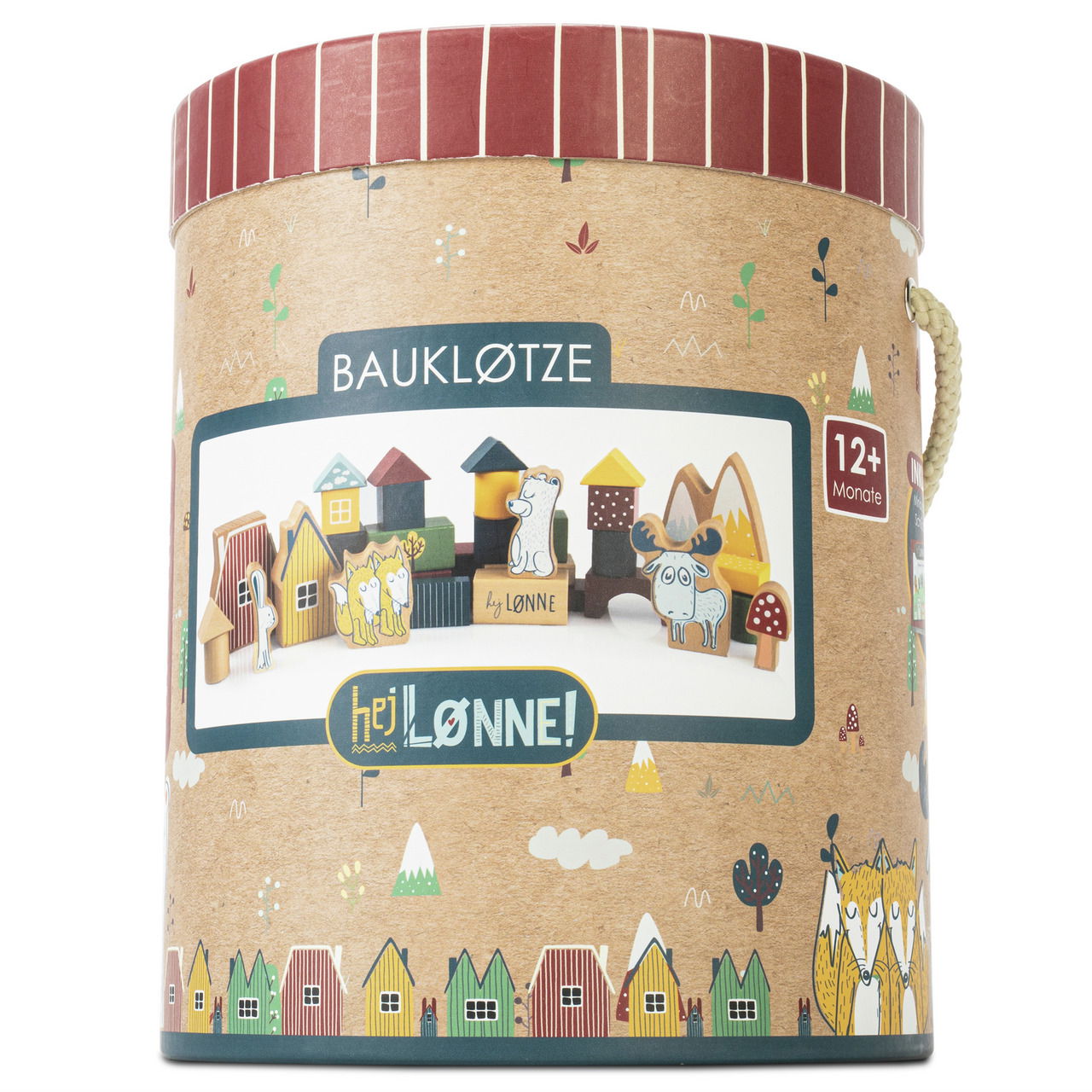 Runde Verpackung mit Bauklötzen, illustriert mit bunten Häusern und Tieren, geeignet für Kinder ab 12 Monaten, seitliche Perspektive.