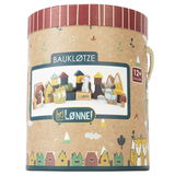 Runde Verpackung mit Bauklötzen, illustriert mit bunten Häusern und Tieren, geeignet für Kinder ab 12 Monaten, seitliche Perspektive.