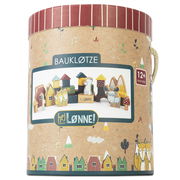 Runde Verpackung mit Bauklötzen, illustriert mit bunten Häusern und Tieren, geeignet für Kinder ab 12 Monaten, seitliche Perspektive.