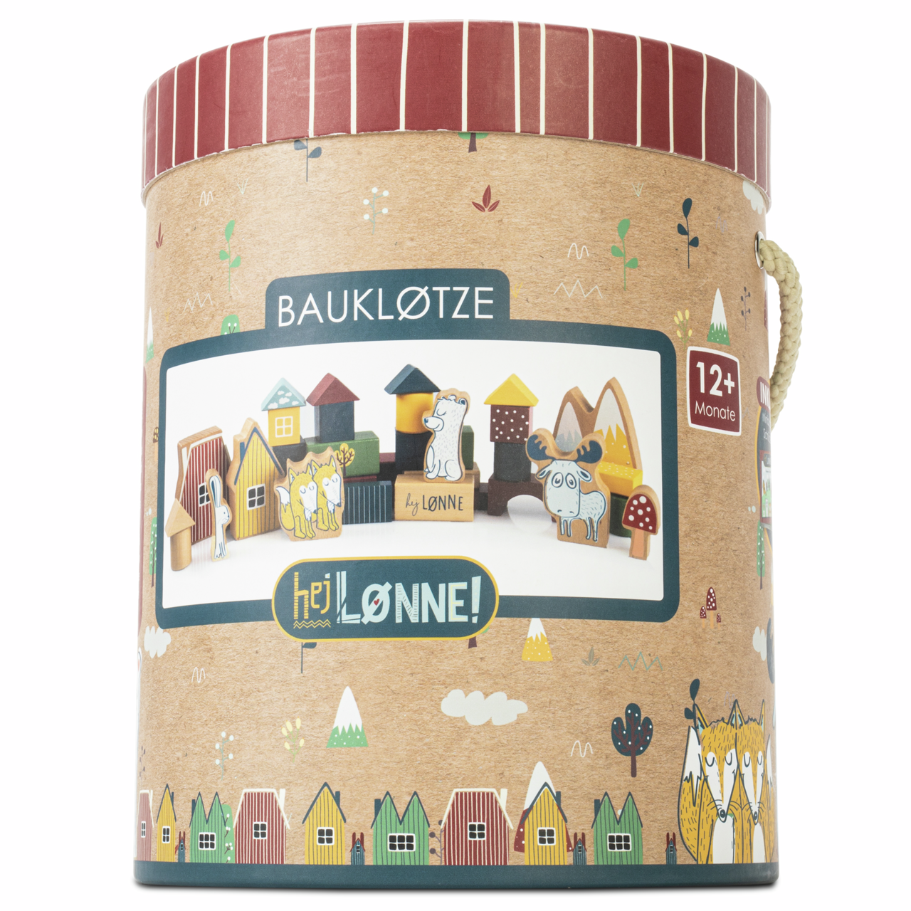Runde Verpackung mit Bauklötzen, illustriert mit bunten Häusern und Tieren, geeignet für Kinder ab 12 Monaten, seitliche Perspektive.