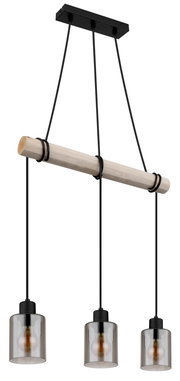 Moderne Hängeleuchte mit drei rauchgrauen Glasschirmen, Holzstab und schwarzer Aufhängung, seitliche Perspektive