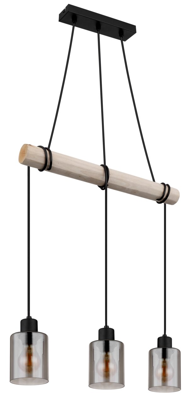 Moderne Hängeleuchte mit drei rauchgrauen Glasschirmen, Holzstab und schwarzer Aufhängung, seitliche Perspektive