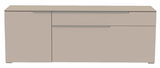 Frontansicht eines modernen, beigen TV-Lowboards mit zwei Schubladen und einer Tür.