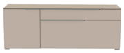 Frontansicht eines modernen, beigen TV-Lowboards mit zwei Schubladen und einer Tür.