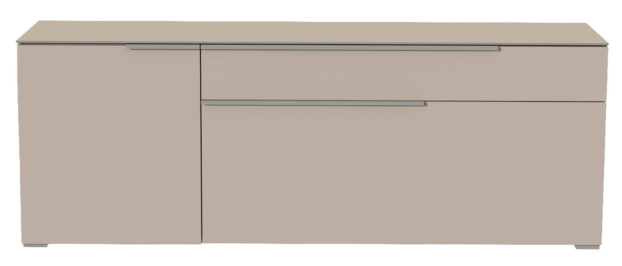 Moderano TV-Lowboard BORMIO Frontansicht eines modernen, beigen TV-Lowboards mit zwei Schubladen und einer Tür.