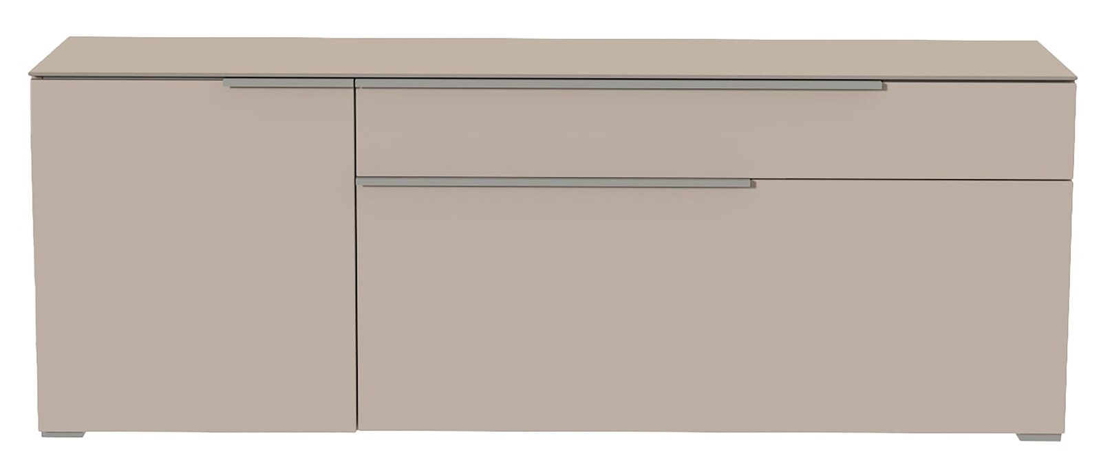 Moderano TV-Lowboard BORMIO Frontansicht eines modernen, beigen TV-Lowboards mit zwei Schubladen und einer Tür.