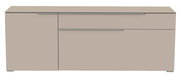 Frontansicht eines modernen, beigen TV-Lowboards mit zwei Schubladen und einer Tür.