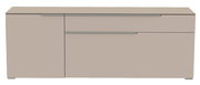 Frontansicht eines modernen, beigen TV-Lowboards mit zwei Schubladen und einer Tür.