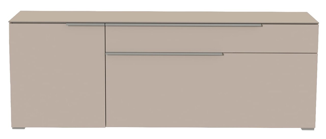 Frontansicht eines modernen, beigen TV-Lowboards mit zwei Schubladen und einer Tür.