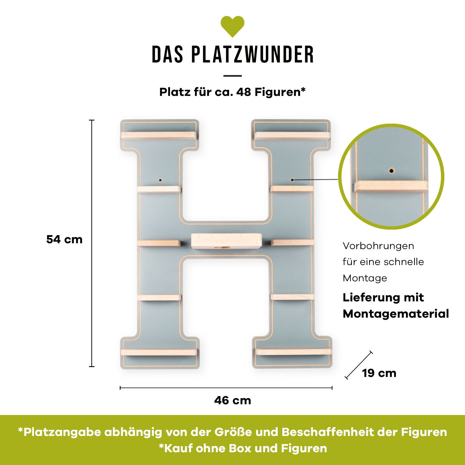 Wandregal in Form des Buchstabens H in Hellblau mit kleinen Holzleisten/Ablagen, Frontansicht; Maße ca. 54 x 46 x 19 cm, mit Vorbohrungen für schnelle Montage und Platz für ca. 48 Figuren