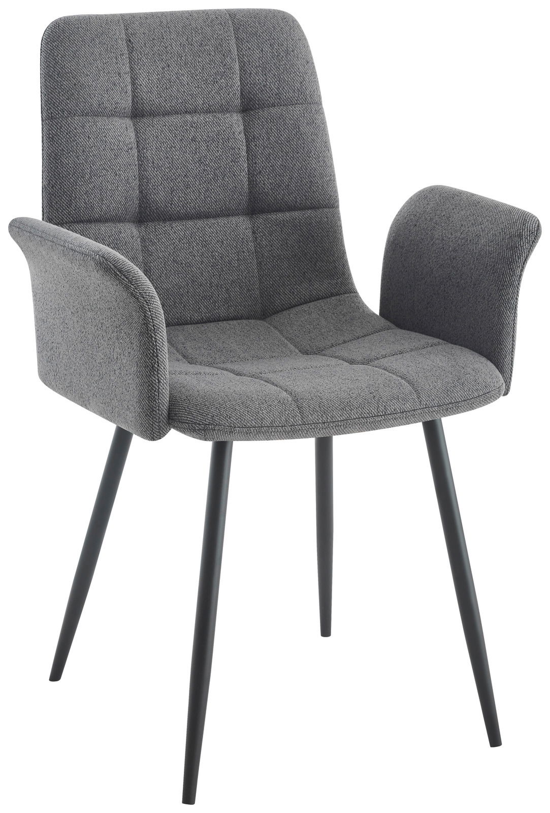 Grauer Armlehnstuhl mit gepolsterter Sitzfläche und Rückenlehne, seitliche Perspektive