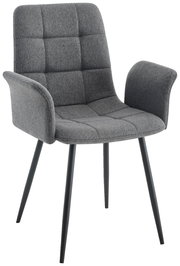 Grauer Armlehnstuhl mit gepolsterter Sitzfläche und Rückenlehne, seitliche Perspektive