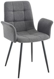 Grauer Armlehnstuhl mit gepolsterter Sitzfläche und Rückenlehne, seitliche Perspektive