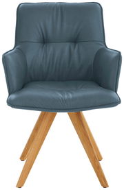 Design-Schalensessel mit blauer Polsterung und Holzbeinen, Frontalansicht