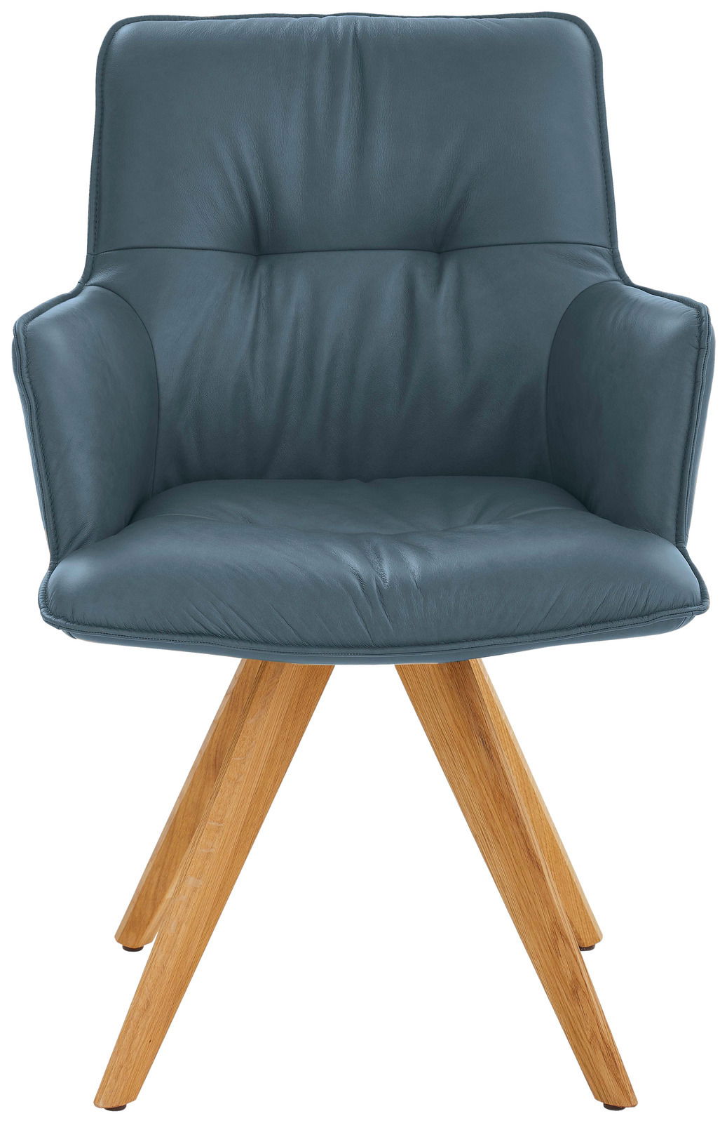 Design-Schalensessel mit blauer Polsterung und Holzbeinen, Frontalansicht