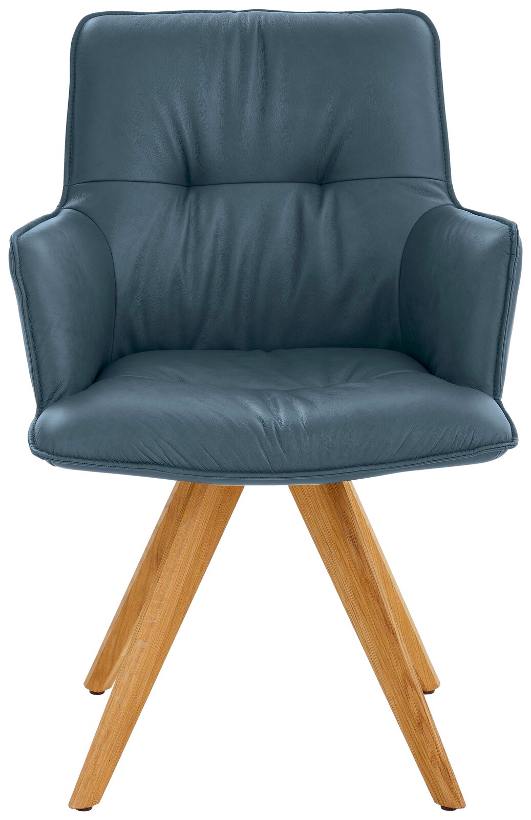 Design-Schalensessel mit blauer Polsterung und Holzbeinen, Frontalansicht