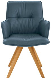 Design-Schalensessel mit blauer Polsterung und Holzbeinen, Frontalansicht