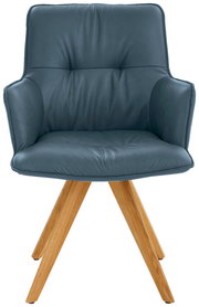 Design-Schalensessel mit blauer Polsterung und Holzbeinen, Frontalansicht