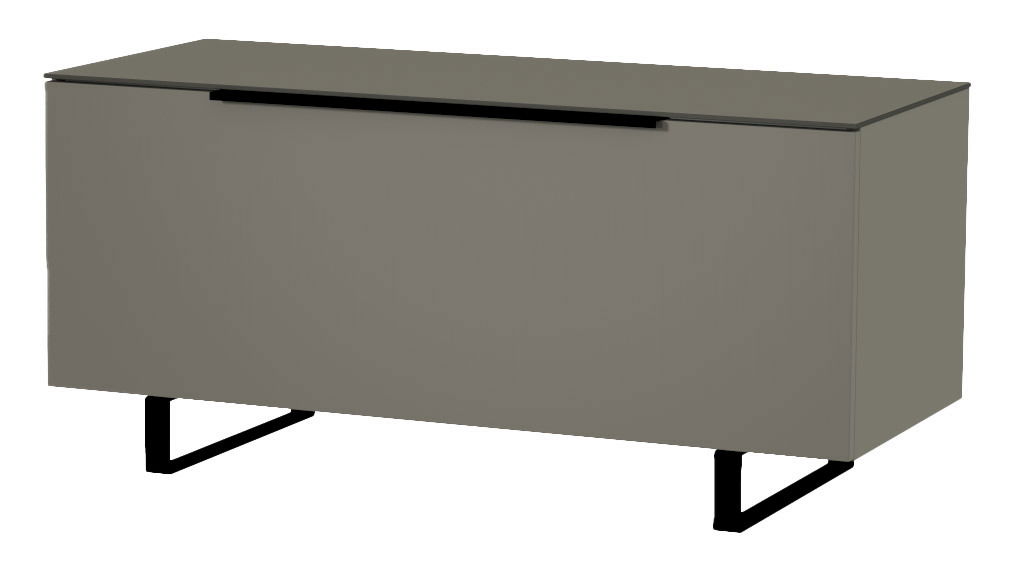 Modernes TV-Lowboard in grauer Farbe mit schwarzem Griff und Metallbeinen, seitliche Perspektive